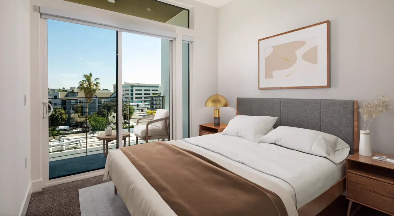 Contemporary bedroom with private balcony
