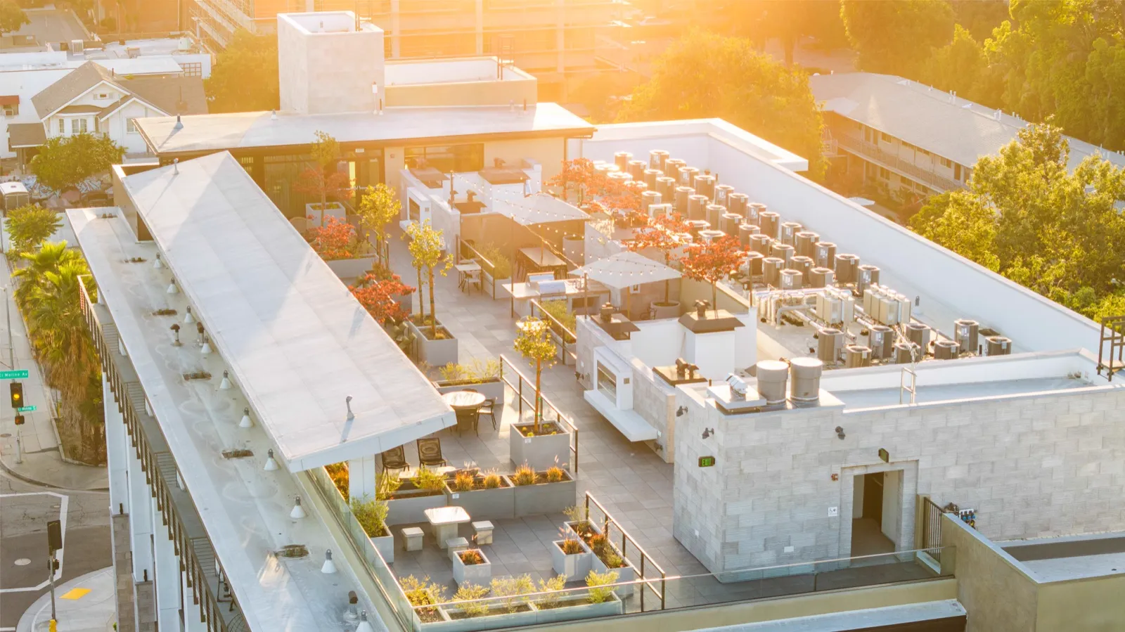 MW Lofts rooftop with golden hour views of Pasadena